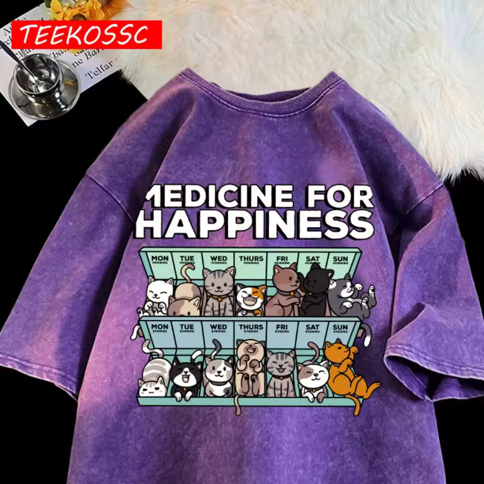 Medicine for Happiness Cat Tee in Purple flat product image