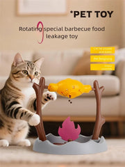 Rotating slow feeder cat toy in yellow, roast chicken design