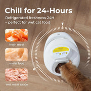 Refrigerated cat feeder keeping wet food fresh