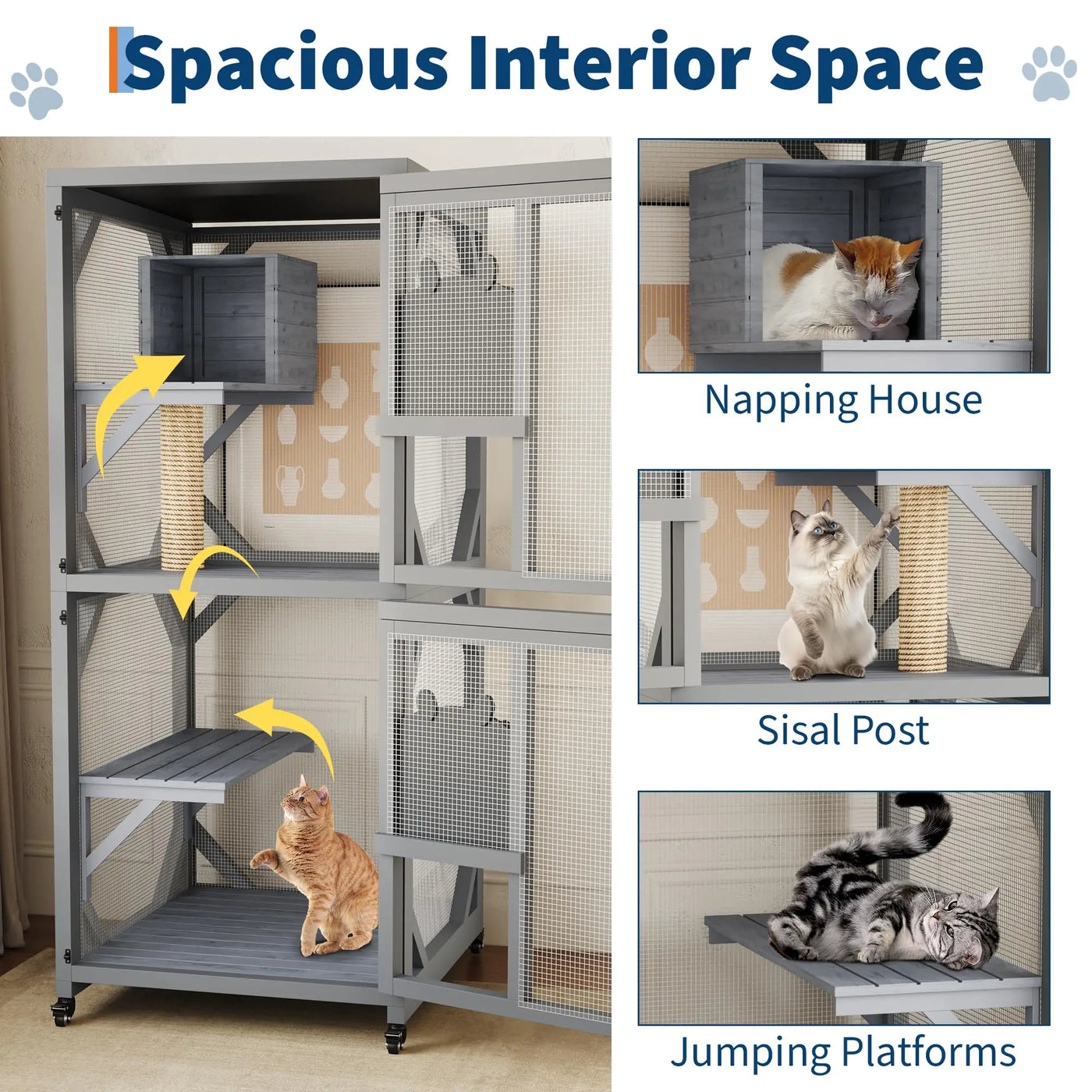 Rolling outdoor catio cat house with platforms and roof cover