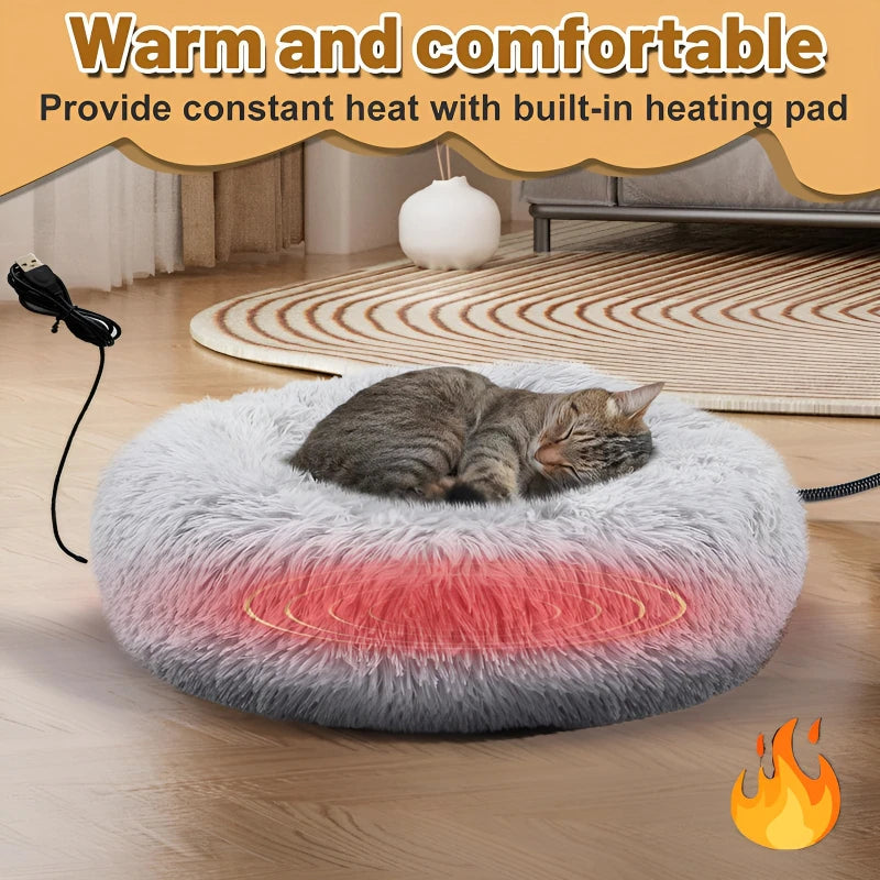 Round USB heated cat bed in light grey plush, 50 cm diameter, for winter cat naps