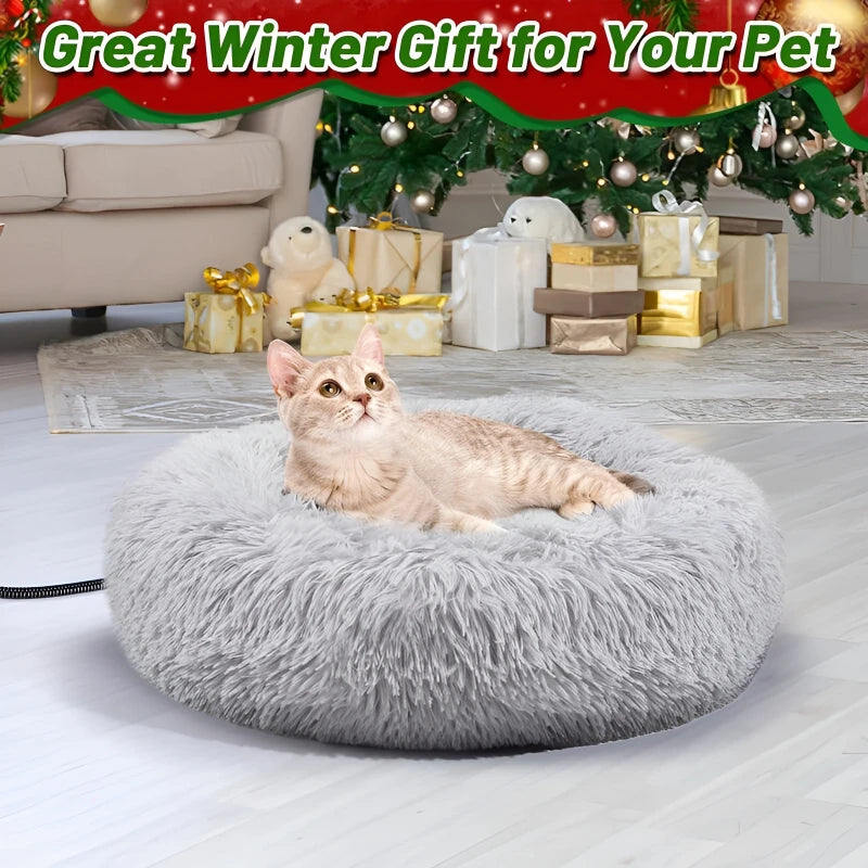 Light grey round heated cat bed showing the plush sleeping surface