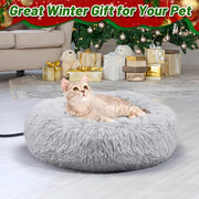 Light grey round heated cat bed showing the plush sleeping surface