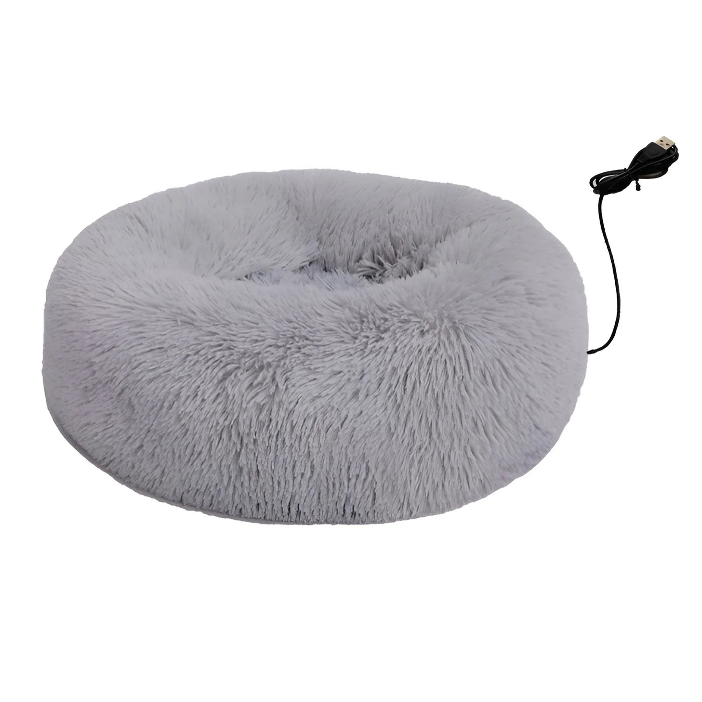 Warm winter cat bed with USB heating in light grey plush finish