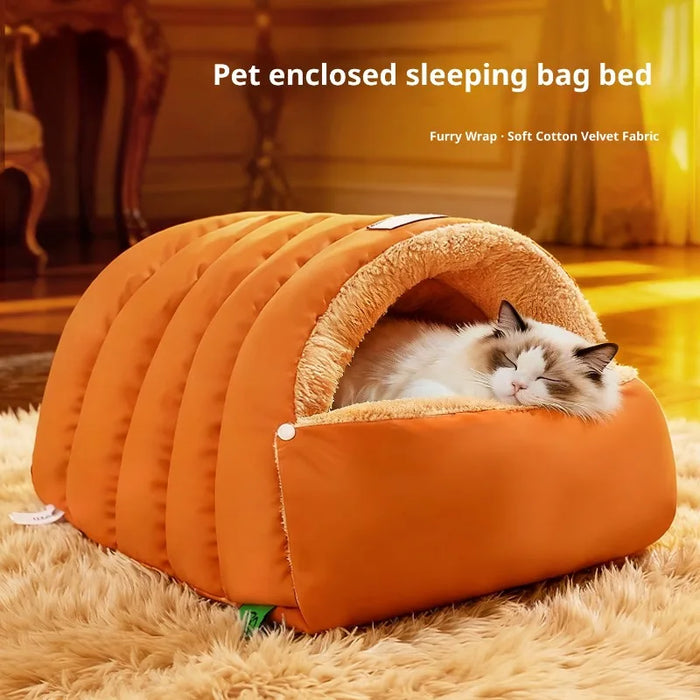 Semi-enclosed winter cat cave bed with washable design