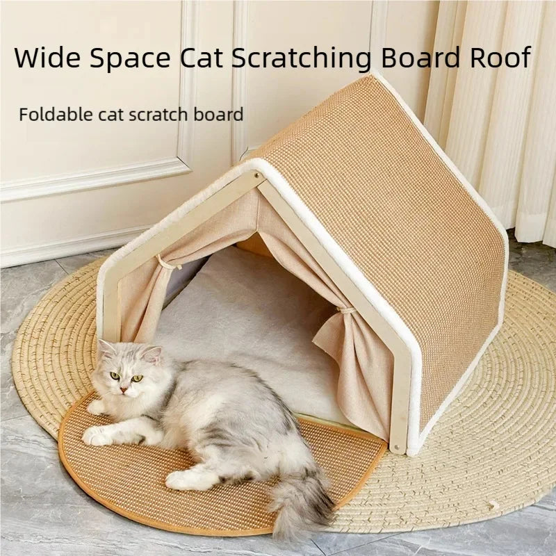 Semi-enclosed tent bed interior of sisal cat villa
