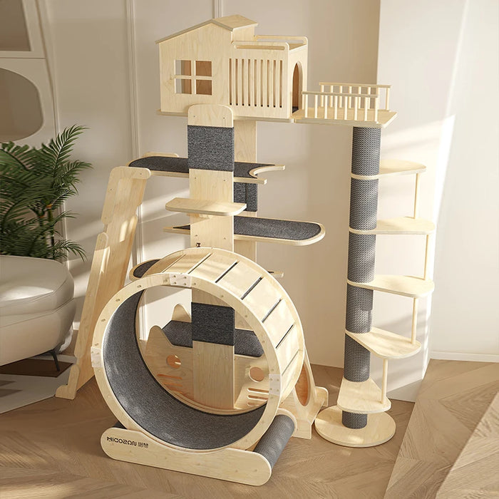 Solid wood cat tree villa with multi-level indoor climbing