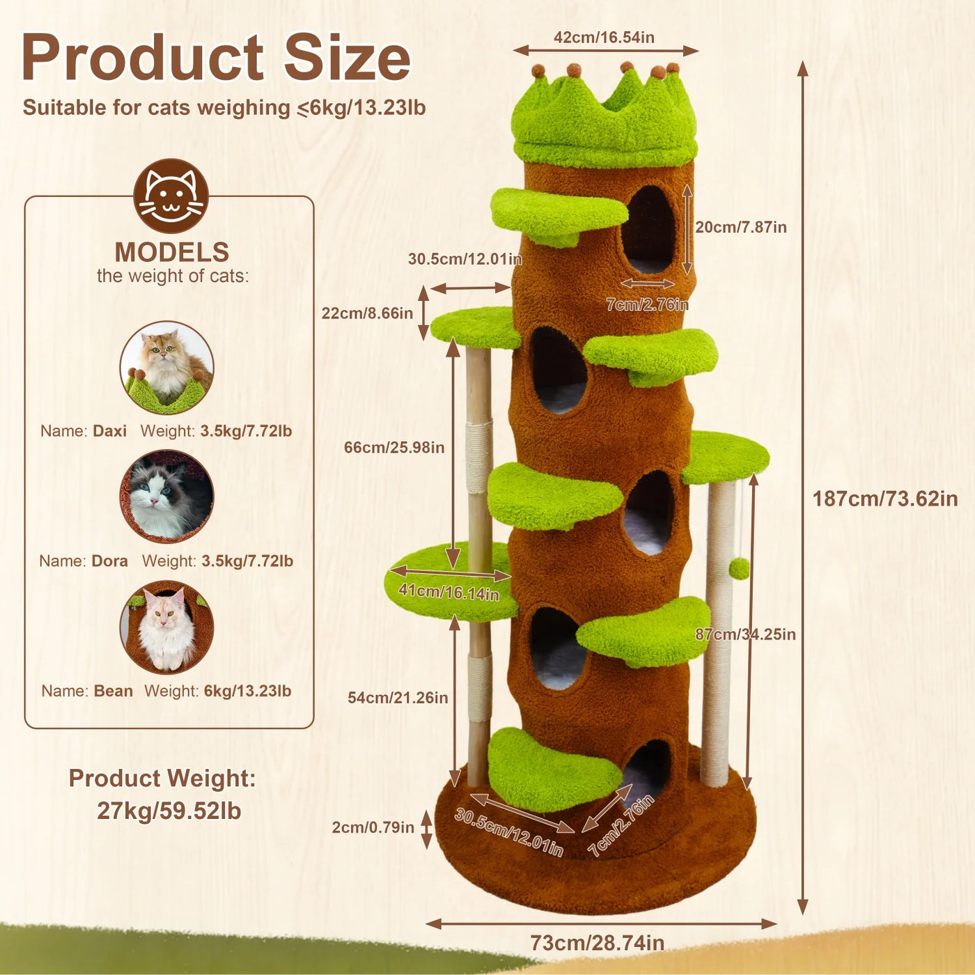 Sisal scratching posts on green cat tree
