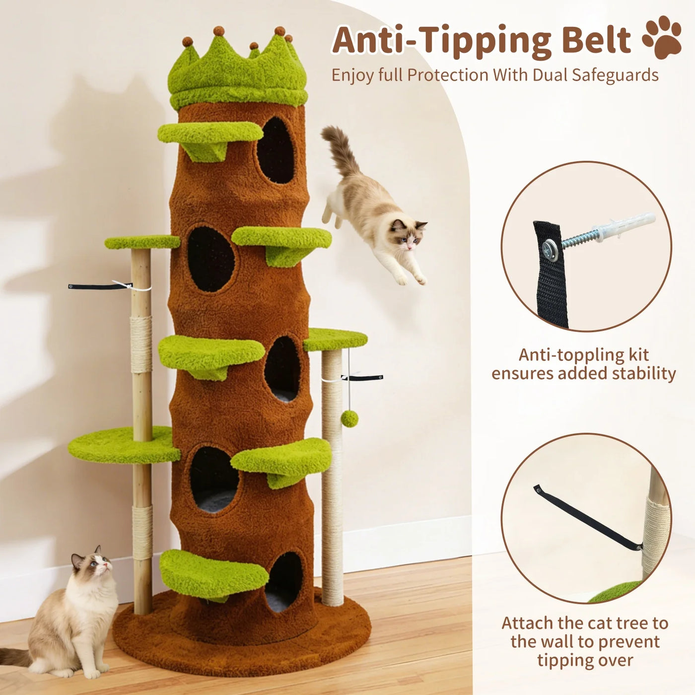 High perches on tall green cat tree tower