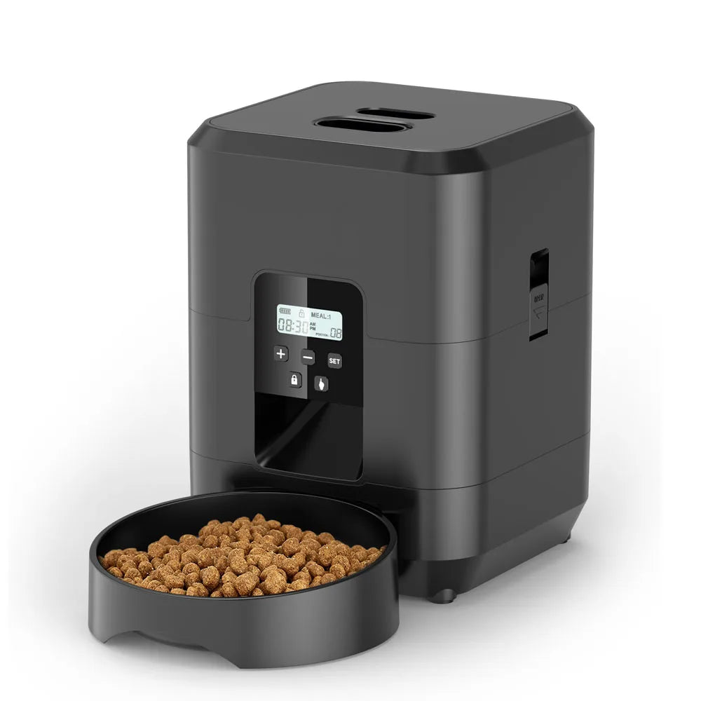 Black automatic dry food cat feeder with onboard button controls