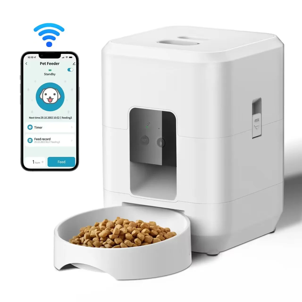 White WiFi automatic cat feeder with app-controlled feeding timer