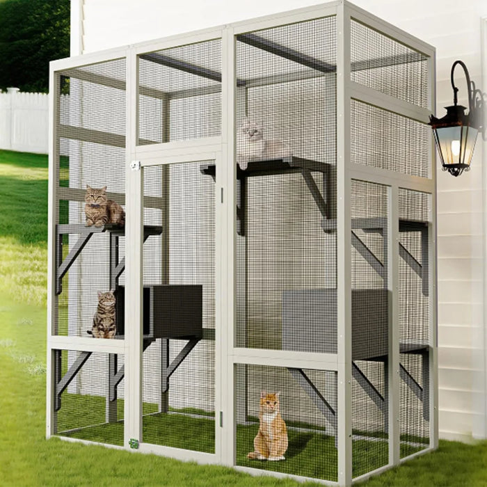 Walk-in multi-level outdoor catio with platforms and rest boxes