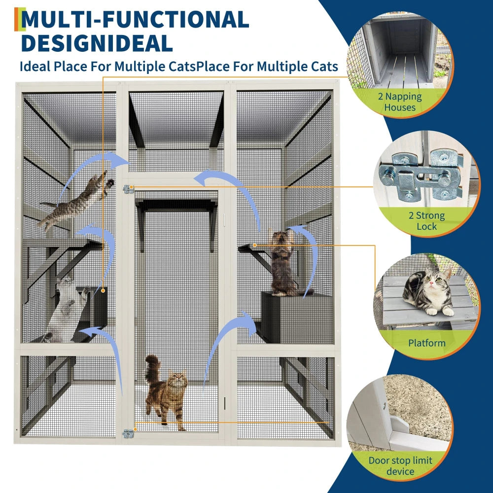 Human-height walk-in cat enclosure in grey