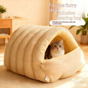 Warm plush heated cat house, semi-enclosed den style bed for winter