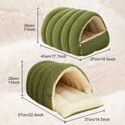 Plush heated cat house interior showing soft sleeping area
