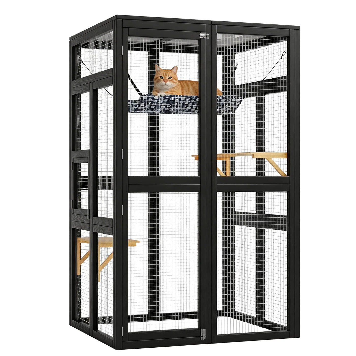 Wooden window catio tower with platforms, wheels and roof, black