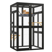 Wooden window catio tower with platforms, wheels and roof, black