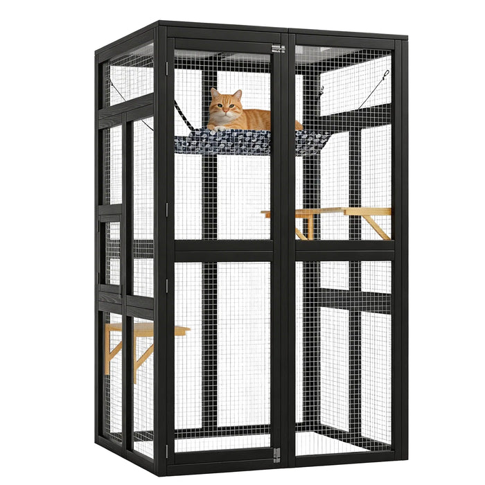 Wooden window catio tower with platforms, wheels and roof, black