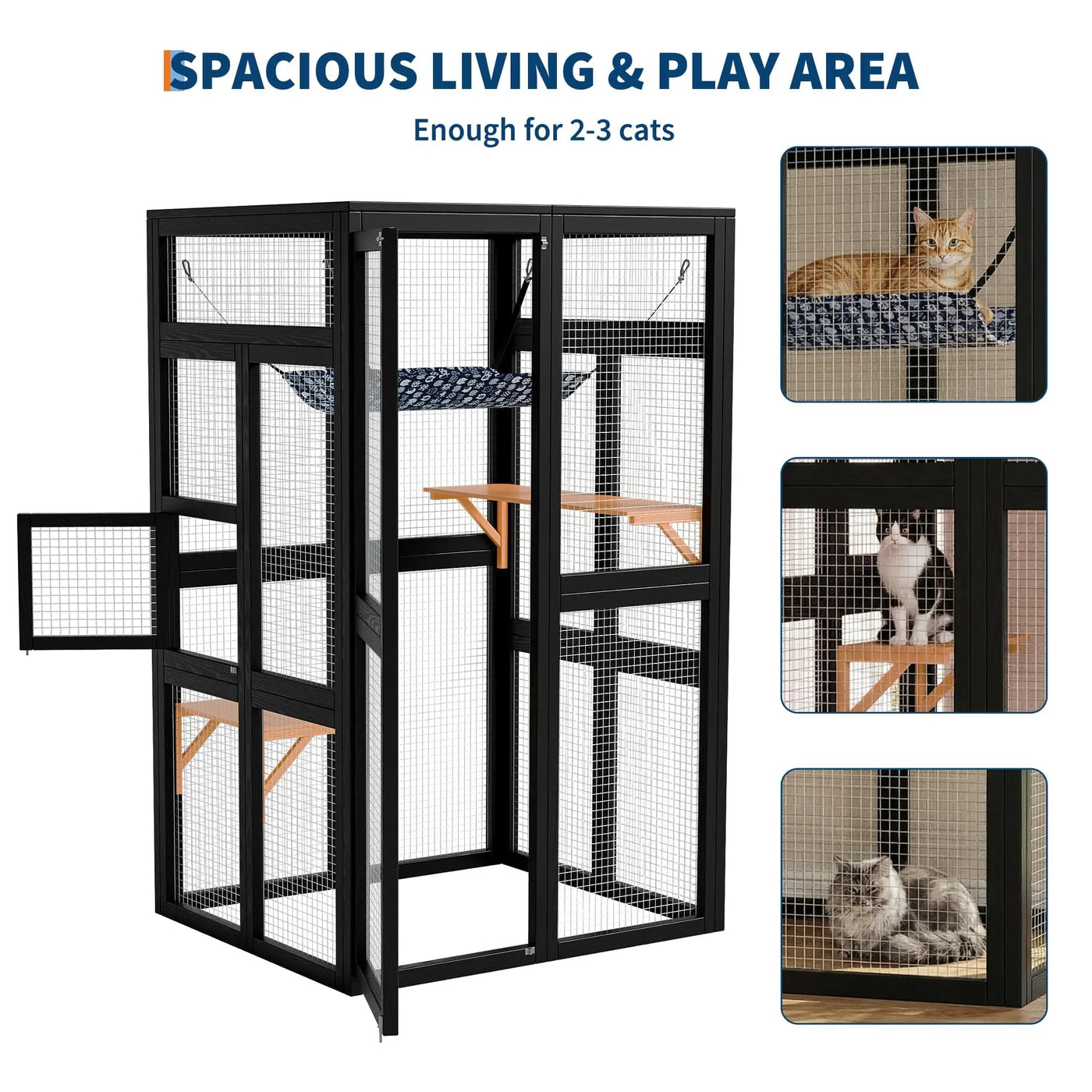 Freestanding wooden catio at window opening