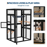 Freestanding wooden catio at window opening